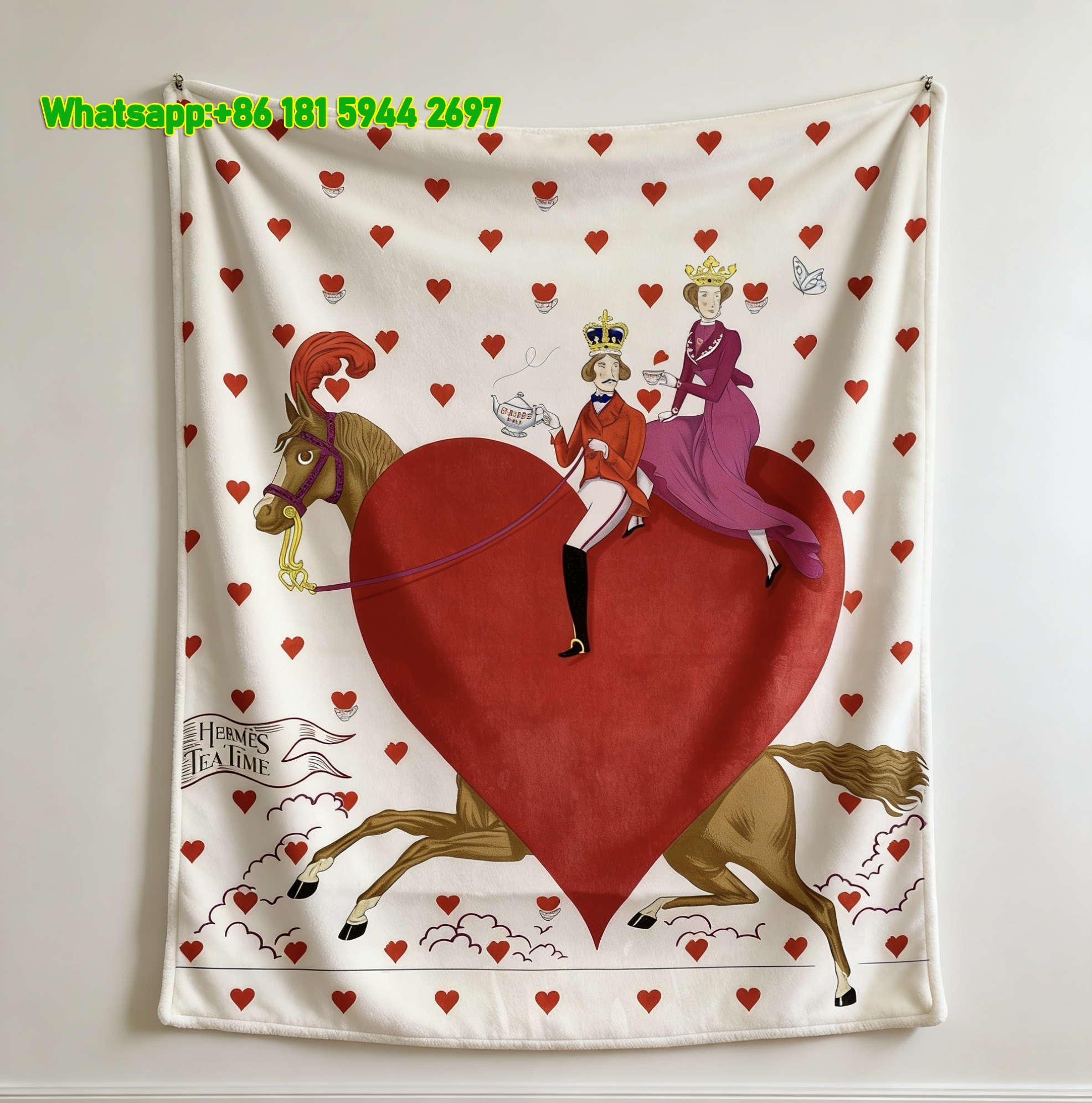 Hermès Tea Time Royal Couple Heart Horse Flannel Throw Blanket IMG_5386